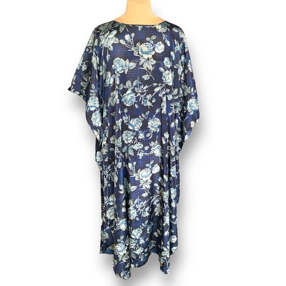 Vintage 90s Kaftan Maxi Dress Navy Blue Dark Floral Rose Houndstooth Satin OS - Picture 9 of 9
